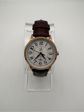 SK White Textured Dial Rose Gold Case Brown Leather Watch New Battery
